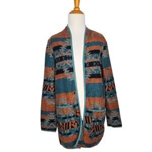 Southwestern Wool Women Jacket Open Front Aztec Longline Pockets Large